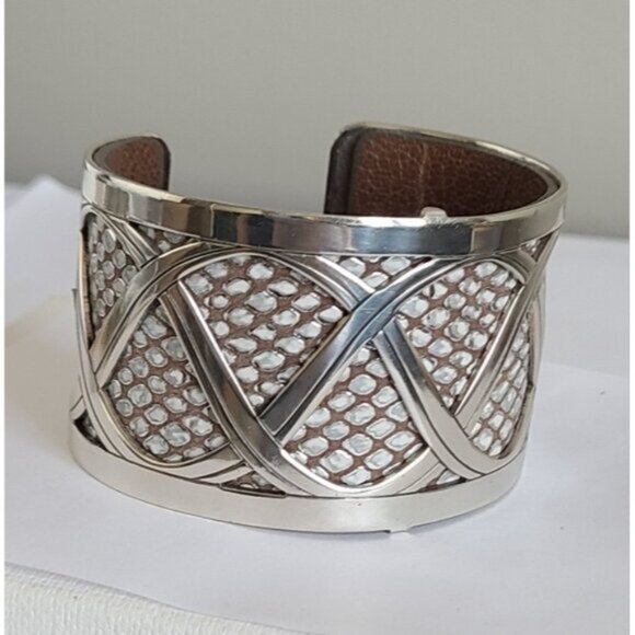 Vintage Brighton Boho Western Wide Chunky Leather Silver Tone Open Cuff Bracelet - Picture 8 of 15